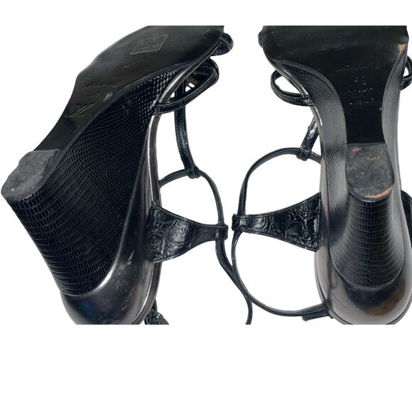 Louis Vuitton Black Croc Embossed Leather Butterfly Wedge Sandals   Size: EU 40 - Picture 9 of 11